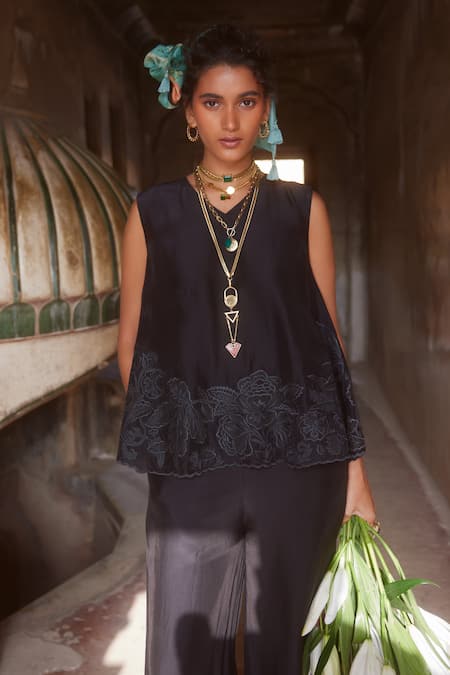 Paulmi And Harsh_Black Silk Organza Embroidery V-neck Tonal Cami Top With Trouser _at_Aza_Fashions