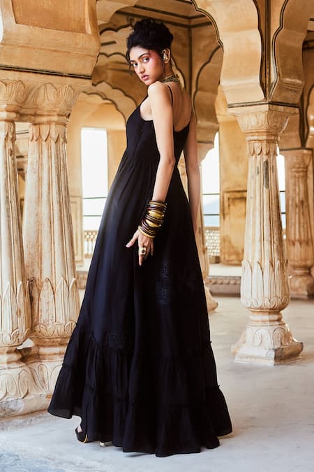 Paulmi And Harsh_Black Silk Organza Embroidery Square Neck Floral Cutwork Maxi Dress _Online_at_Aza_Fashions