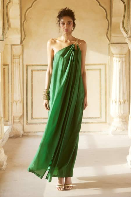 Paulmi and Harsh Green Silk Organza Placement Embroidery Floral Flower Panel Dress 