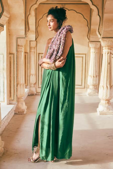 Buy_Paulmi And Harsh_Green Silk Organza Embroidery Asymmetric Flower Panel Dress _Online_at_Aza_Fashions
