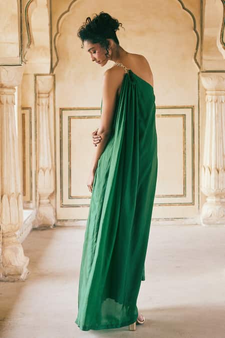 Paulmi And Harsh_Green Silk Organza Embroidery Asymmetric Flower Panel Dress _at_Aza_Fashions
