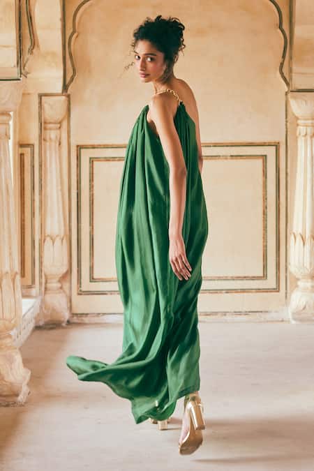 Buy_Paulmi And Harsh_Green Silk Organza Embroidery Asymmetric Flower Panel Dress 