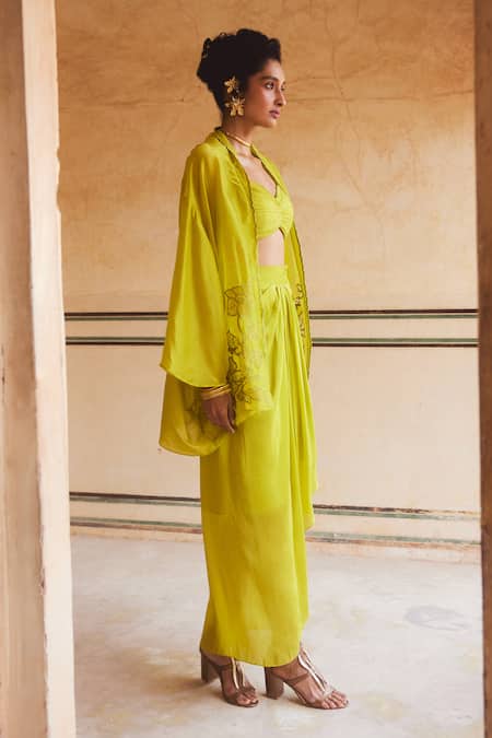 Shop_Paulmi And Harsh_Yellow Silk Organza Embroidery Sweetheart Neck Flower Cape Skirt Set _Online_at_Aza_Fashions