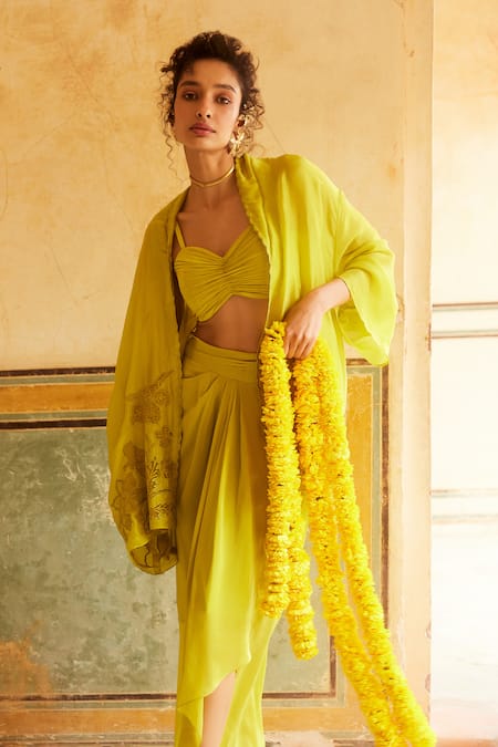 Paulmi And Harsh_Yellow Silk Organza Embroidery Sweetheart Neck Flower Cape Skirt Set _at_Aza_Fashions