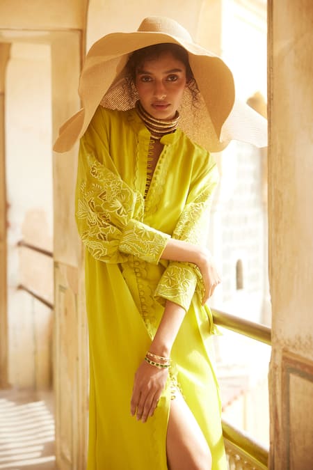 Shop Paulmi And Harsh Yellow Silk Organza Embroidery Collared Flower Vintage Maxi Dress Online at Aza Fashions Shop_Paulmi And Harsh_Yellow Silk Organza Embroidery Collared Flower Vintage Maxi Dress _Online_at_Aza_Fashions