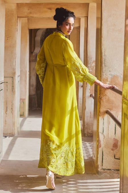Paulmi And Harsh Yellow Silk Organza Embroidery Collared Flower Vintage Maxi Dress at Aza Fashions Paulmi And Harsh_Yellow Silk Organza Embroidery Collared Flower Vintage Maxi Dress _at_Aza_Fashions