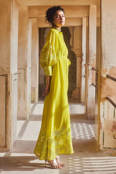 Buy Paulmi And Harsh Yellow Silk Organza Embroidery Collared Flower Vintage Maxi Dress Buy_Paulmi And Harsh_Yellow Silk Organza Embroidery Collared Flower Vintage Maxi Dress