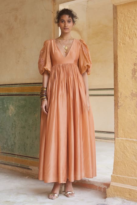 Buy_Paulmi And Harsh_Orange Silk Organza Embroidery V-neck Sleeve Maxi Dress _Online_at_Aza_Fashions