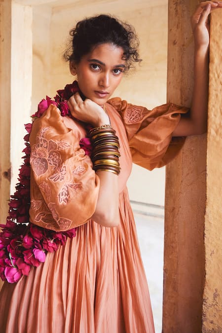 Shop_Paulmi And Harsh_Orange Silk Organza Embroidery V-neck Sleeve Maxi Dress _Online_at_Aza_Fashions