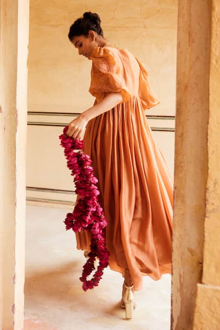 Paulmi And Harsh_Orange Silk Organza Embroidery V-neck Sleeve Maxi Dress _at_Aza_Fashions
