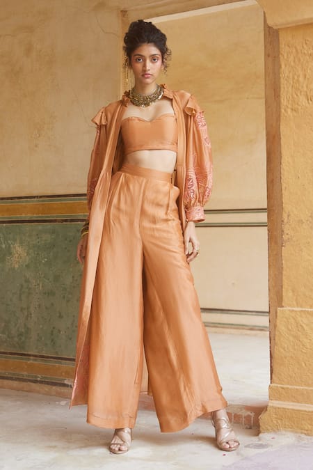 Paulmi and Harsh Orange Silk Organza Placement Embroidery Floral Sleeve Long Jacket Trouser Set 