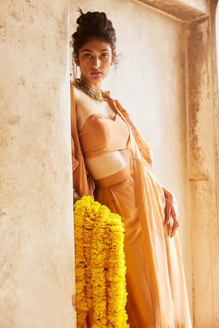 Paulmi And Harsh Orange Silk Organza Embroidery Collared Sleeve Long Jacket Trouser Set Online at Aza Fashions Paulmi And Harsh_Orange Silk Organza Embroidery Collared Sleeve Long Jacket Trouser Set _Online_at_Aza_Fashions