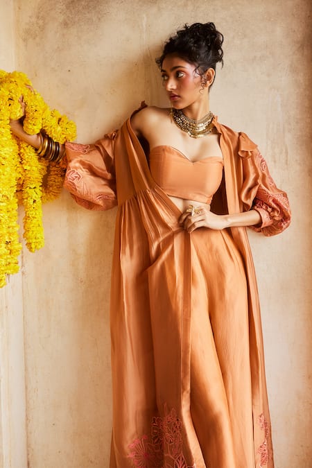 Buy Paulmi And Harsh Orange Silk Organza Embroidery Collared Sleeve Long Jacket Trouser Set Online at Aza Fashions Buy_Paulmi And Harsh_Orange Silk Organza Embroidery Collared Sleeve Long Jacket Trouser Set _Online_at_Aza_Fashions