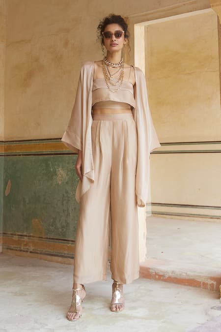 Paulmi and Harsh Pink Silk Organza Plain Blouse Square Neck Jacket And Trouser Set 