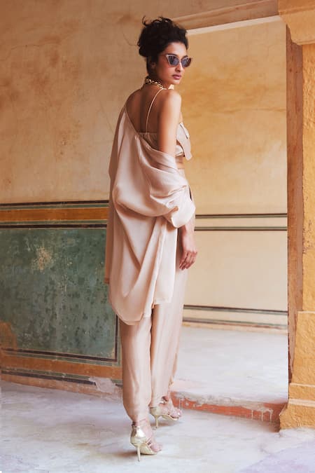 Shop_Paulmi And Harsh_Pink Silk Organza Open , Square Plain Jacket And Trouser Set _Online_at_Aza_Fashions