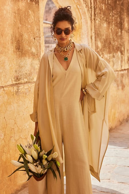 Buy_Paulmi And Harsh_Ivory Linen, Silk Organza V-neck, Collared Jumpsuit With Jacket _Online_at_Aza_Fashions