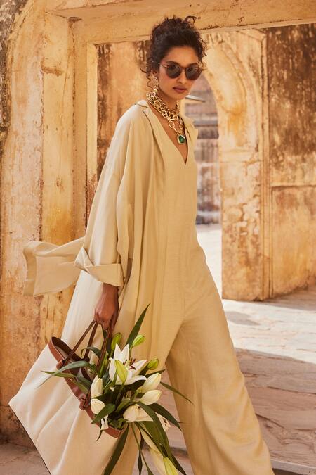 Shop_Paulmi And Harsh_Ivory Linen, Silk Organza V-neck, Collared Jumpsuit With Jacket _Online_at_Aza_Fashions