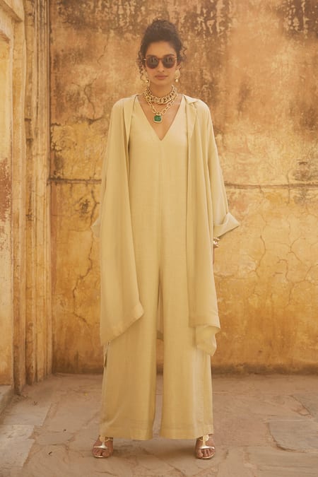 Paulmi And Harsh_Ivory Linen, Silk Organza V-neck, Collared Jumpsuit With Jacket _at_Aza_Fashions