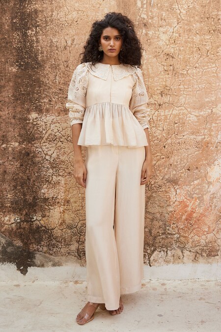 Paulmi and Harsh Ivory Silk Organza Placement Embroidery Floral Peter Pan Peplum Top With Trouser 