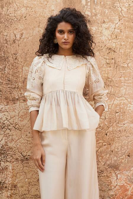 Paulmi And Harsh_Ivory Silk Organza Embroidery Collared Floral Peplum Top With Trouser _Online_at_Aza_Fashions