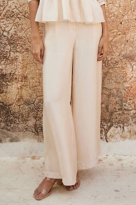 Buy_Paulmi And Harsh_Ivory Silk Organza Embroidery Collared Floral Peplum Top With Trouser _Online_at_Aza_Fashions