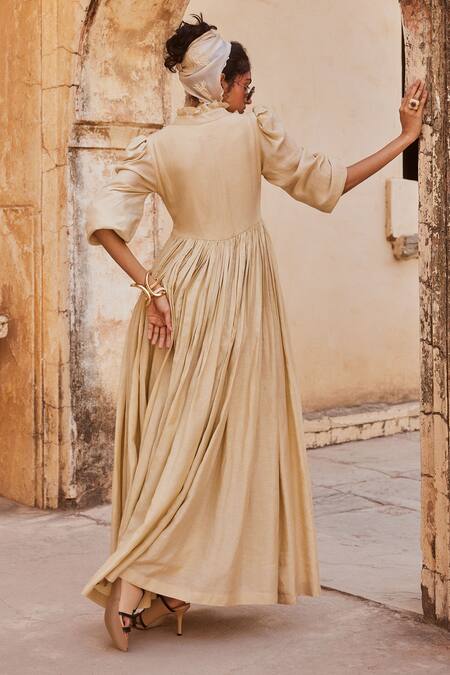 Paulmi And Harsh_Ivory Linen Collared Ruffled Placket Maxi Dress _Online_at_Aza_Fashions