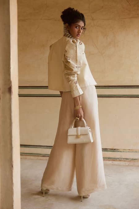 Shop_Paulmi And Harsh_Ivory Silk Organza Embroidery Open Neck, Round Floral Puff Sleeve Jacket Set _at_Aza_Fashions