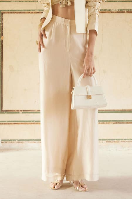 Paulmi And Harsh_Ivory Silk Organza Embroidery Open Neck, Round Floral Puff Sleeve Jacket Set _Online_at_Aza_Fashions