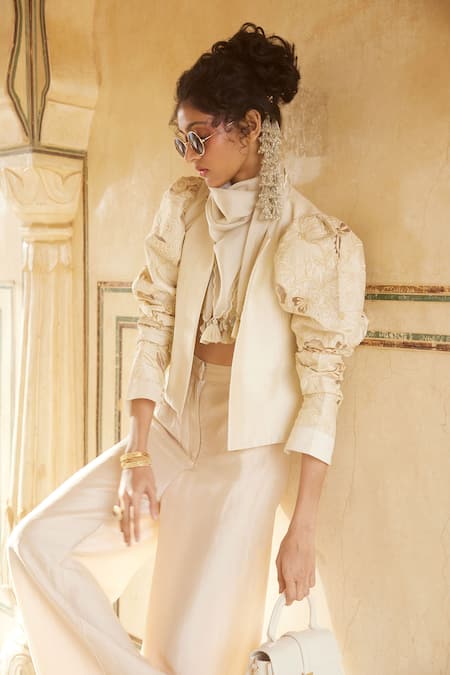 Buy_Paulmi And Harsh_Ivory Silk Organza Embroidery Open Neck, Round Floral Puff Sleeve Jacket Set _Online_at_Aza_Fashions