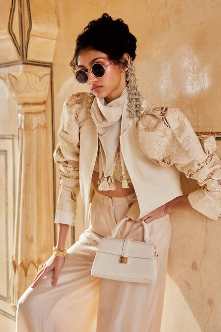 Shop_Paulmi And Harsh_Ivory Silk Organza Embroidery Open Neck, Round Floral Puff Sleeve Jacket Set _Online_at_Aza_Fashions