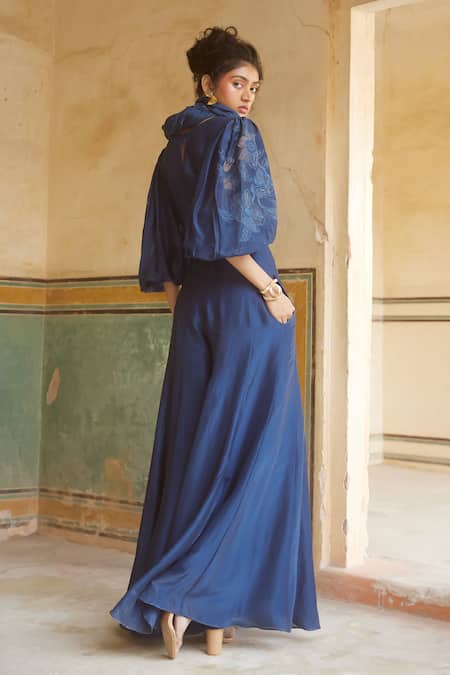 Shop Paulmi And Harsh Blue Silk Organza Embroidery V-neck Floral Jumpsuit at Aza Fashions Shop_Paulmi And Harsh_Blue Silk Organza Embroidery V-neck Floral Jumpsuit _at_Aza_Fashions