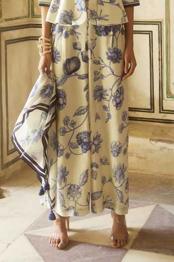 Paulmi And Harsh Ivory Silk V-neck Vintage Floral Print Top And Trouser Set Online at Aza Fashions Paulmi And Harsh_Ivory Silk V-neck Vintage Floral Print Top And Trouser Set _Online_at_Aza_Fashions