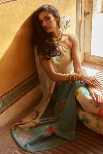 Shop_Paulmi And Harsh_Blue Silk, Hemp Embroidery Asymmetric Vintage Floral Print Tunic Trouser Set _Online_at_Aza_Fashions