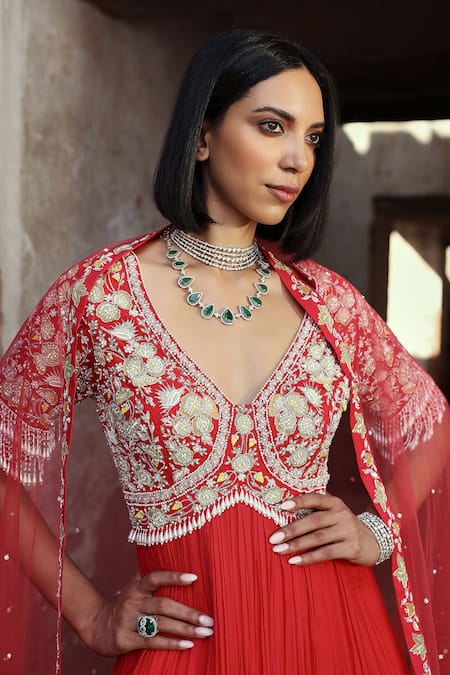 Shop Seema Thukral Coral Chiffon, Georgette, Satin, Ishika Zari Embroidered Anarkali With Dupatta Online at Aza Fashions Shop_Seema Thukral_Coral Chiffon, Georgette, Satin, Ishika Zari Embroidered Anarkali With Dupatta _Online_at_Aza_Fashions