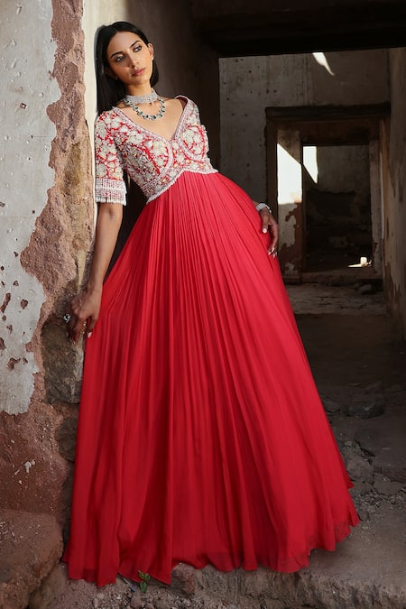 Seema Thukral Coral Chiffon, Georgette, Satin, Ishika Zari Embroidered Anarkali With Dupatta at Aza Fashions Seema Thukral_Coral Chiffon, Georgette, Satin, Ishika Zari Embroidered Anarkali With Dupatta _at_Aza_Fashions