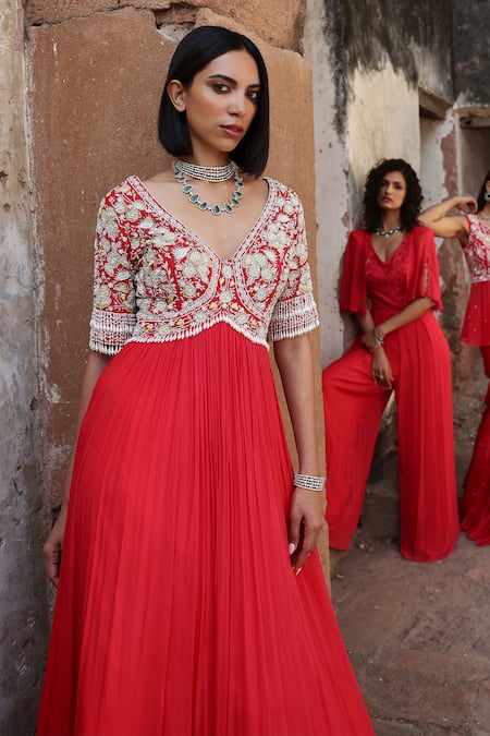 Buy Seema Thukral Coral Chiffon, Georgette, Satin, Ishika Zari Embroidered Anarkali With Dupatta Buy_Seema Thukral_Coral Chiffon, Georgette, Satin, Ishika Zari Embroidered Anarkali With Dupatta