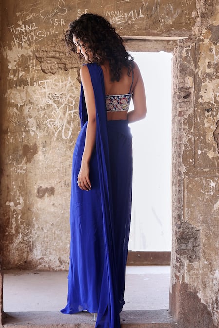 Shop Seema Thukral Blue Nadira Asymmetric Concept Pre-stitched Saree With Embroidered Blouse at Aza Fashions Shop_Seema Thukral_Blue Nadira Asymmetric Concept Pre-stitched Saree With Embroidered Blouse _at_Aza_Fashions