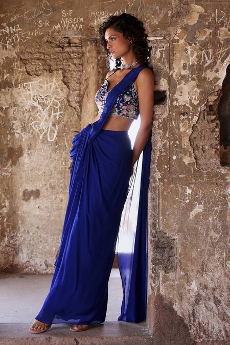 Shop Seema Thukral Blue Nadira Asymmetric Concept Pre-stitched Saree With Embroidered Blouse Online at Aza Fashions Shop_Seema Thukral_Blue Nadira Asymmetric Concept Pre-stitched Saree With Embroidered Blouse _Online_at_Aza_Fashions