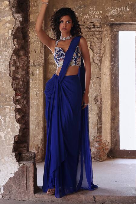 Seema Thukral Blue Nadira Asymmetric Concept Pre-stitched Saree With Embroidered Blouse at Aza Fashions Seema Thukral_Blue Nadira Asymmetric Concept Pre-stitched Saree With Embroidered Blouse _at_Aza_Fashions