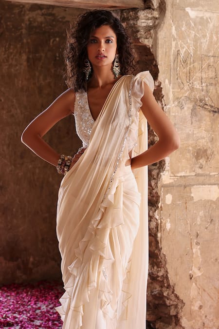 Seema Thukral_Ivory Anima Embellished Ruffle Pre-stitched Saree With Mirrorwork Blouse _at_Aza_Fashions