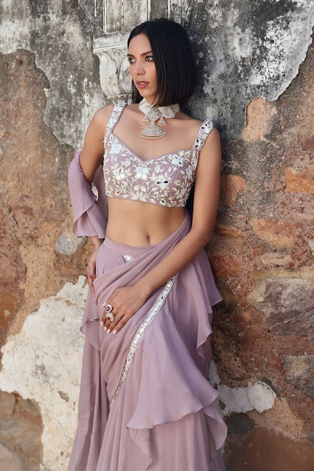 Buy Seema Thukral Purple Georgette, Niharika Embellished Ruffle Pre-stitched Saree With Blouse Online at Aza Fashions Buy_Seema Thukral_Purple Georgette, Niharika Embellished Ruffle Pre-stitched Saree With Blouse _Online_at_Aza_Fashions