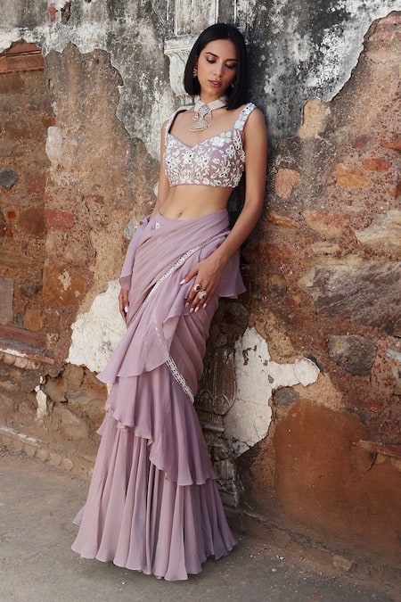 Shop Seema Thukral Purple Georgette, Niharika Embellished Ruffle Pre-stitched Saree With Blouse Online at Aza Fashions Shop_Seema Thukral_Purple Georgette, Niharika Embellished Ruffle Pre-stitched Saree With Blouse _Online_at_Aza_Fashions