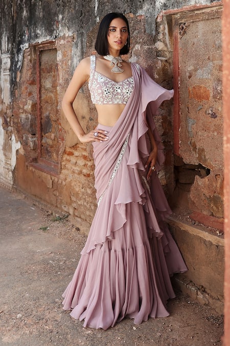 Seema Thukral Purple Georgette, Niharika Embellished Ruffle Pre-stitched Saree With Blouse at Aza Fashions Seema Thukral_Purple Georgette, Niharika Embellished Ruffle Pre-stitched Saree With Blouse _at_Aza_Fashions