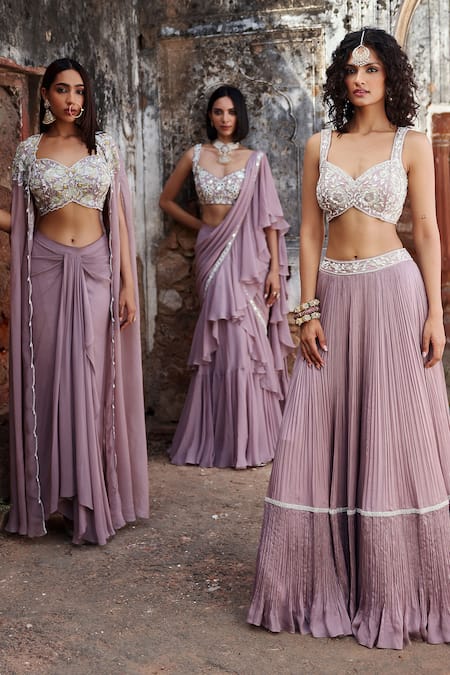 Buy Seema Thukral Purple Georgette, Niharika Embellished Ruffle Pre-stitched Saree With Blouse Buy_Seema Thukral_Purple Georgette, Niharika Embellished Ruffle Pre-stitched Saree With Blouse