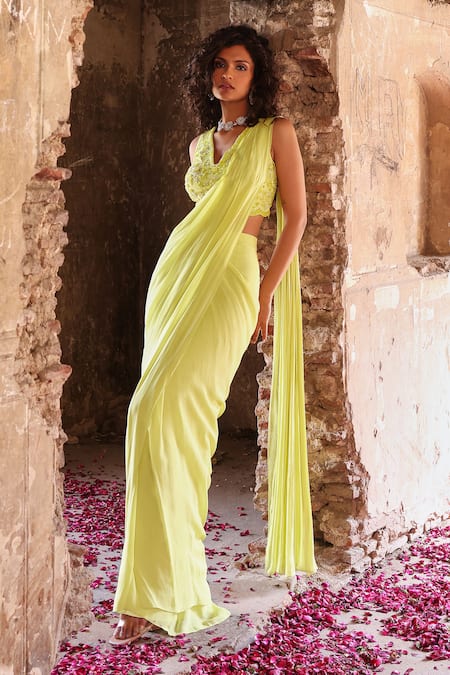 Shop_Seema Thukral_Green Georgette, Satin Embroidery, Kiran Resham Blouse With Pre-stitched Saree _Online_at_Aza_Fashions