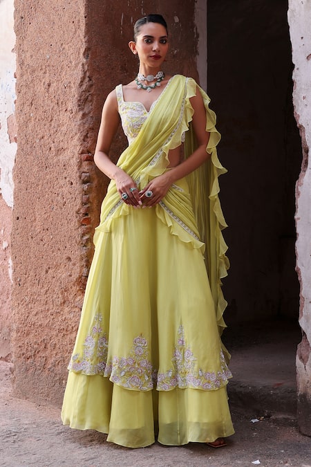 Seema Thukral_Green Georgette, Jinal Embellished Pre-stitched Ruffle Lehenga Saree With Blouse _Online_at_Aza_Fashions