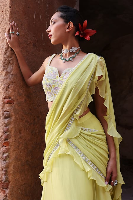 Buy_Seema Thukral_Green Georgette, Jinal Embellished Pre-stitched Ruffle Lehenga Saree With Blouse _Online_at_Aza_Fashions