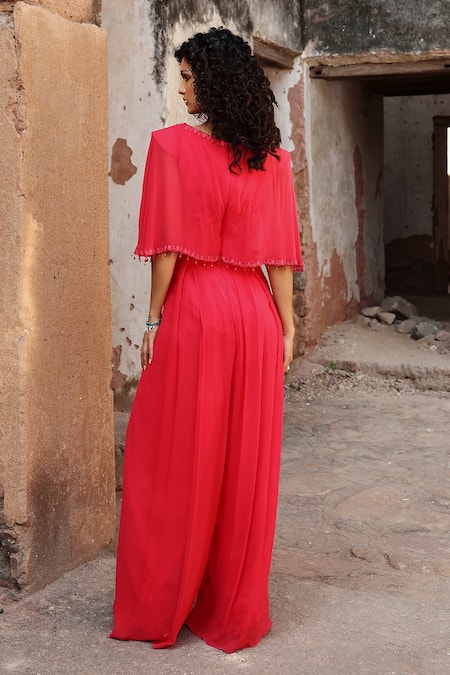 Seema Thukral Coral Georgette, Satin Embroidery V-neck Niyati Resham Jumpsuit Online at Aza Fashions Seema Thukral_Coral Georgette, Satin Embroidery V-neck Niyati Resham Jumpsuit _Online_at_Aza_Fashions