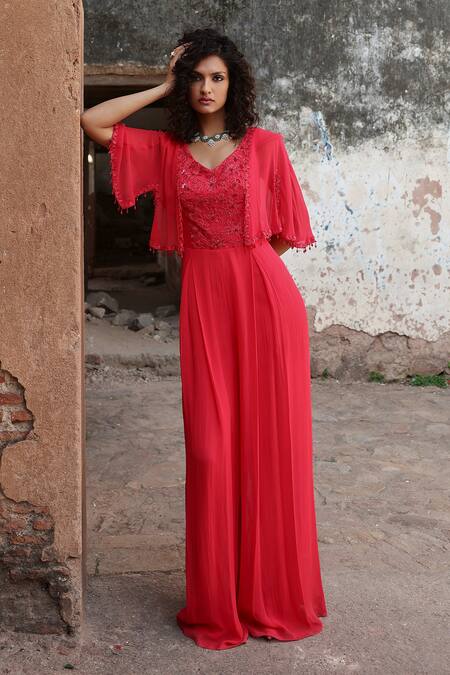 Buy Seema Thukral Coral Georgette, Satin Embroidery V-neck Niyati Resham Jumpsuit Online at Aza Fashions Buy_Seema Thukral_Coral Georgette, Satin Embroidery V-neck Niyati Resham Jumpsuit _Online_at_Aza_Fashions