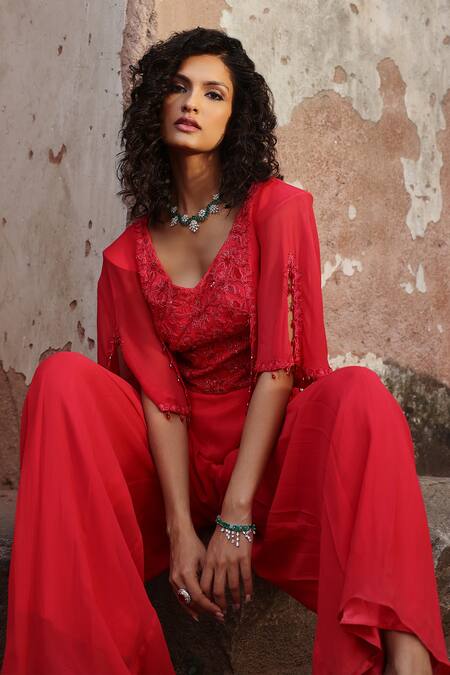 Shop Seema Thukral Coral Georgette, Satin Embroidery V-neck Niyati Resham Jumpsuit Online at Aza Fashions Shop_Seema Thukral_Coral Georgette, Satin Embroidery V-neck Niyati Resham Jumpsuit _Online_at_Aza_Fashions